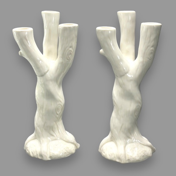 Roscher Set of 2 Nature's Nest White Stoneware Candle Holders Cottagecore 11" - Picture 3 of 9